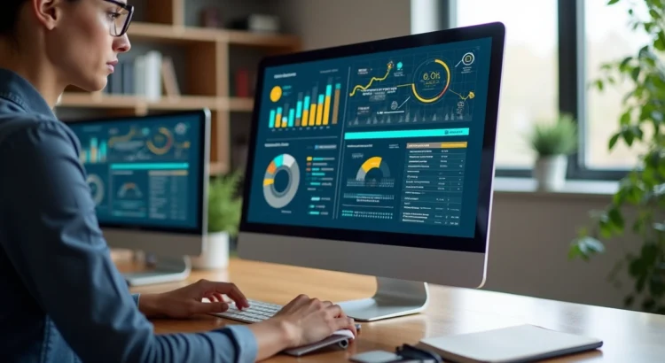 Profissional trabalhando em computador com gráficos de SEO na tela, ambiente moderno e organizado