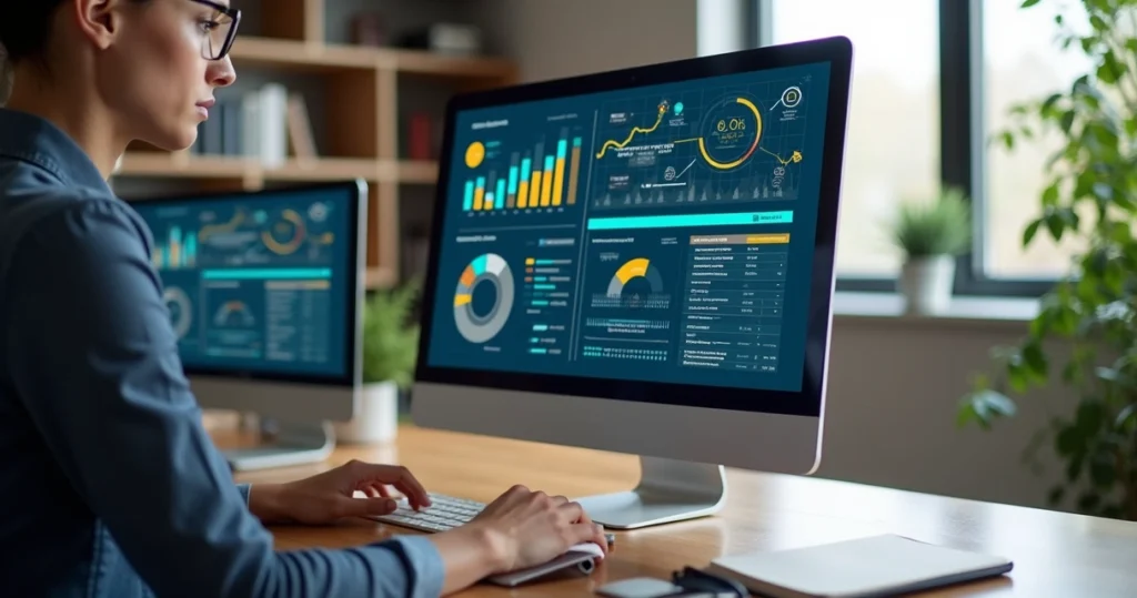 Profissional trabalhando em computador com gráficos de SEO na tela, ambiente moderno e organizado