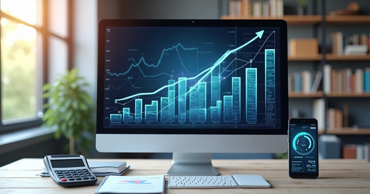 Mesa de escritório contábil moderna com computador, documentos e gráficos digitais na tela mostrando crescimento e tecnologia