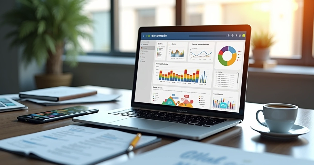 Computador em mesa moderna mostrando dashboard de site contábil com gráficos de crescimento e chat online ativo