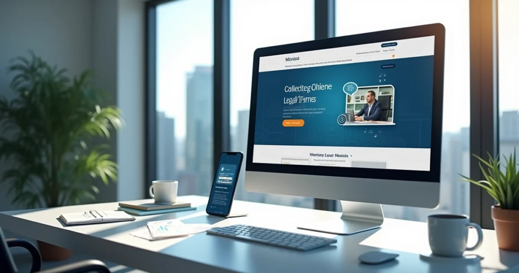 Computador moderno com tela mostrando site responsivo para contadores e escritório contábil em ambiente profissional