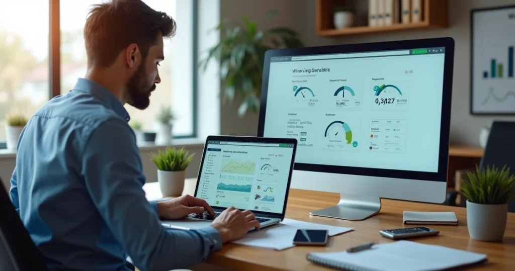Contador analisando desempenho e velocidade de site no notebook