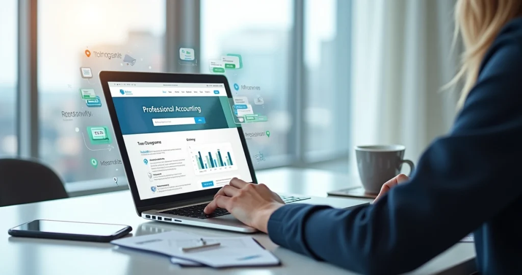 Contador analisando site profissional em notebook com gráficos e painel de gestão contábil