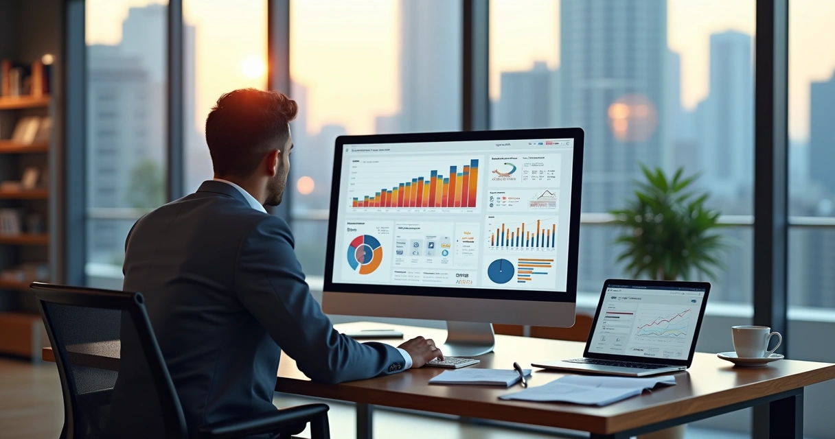 Contador analisando gráficos de crescimento digital em escritório moderno