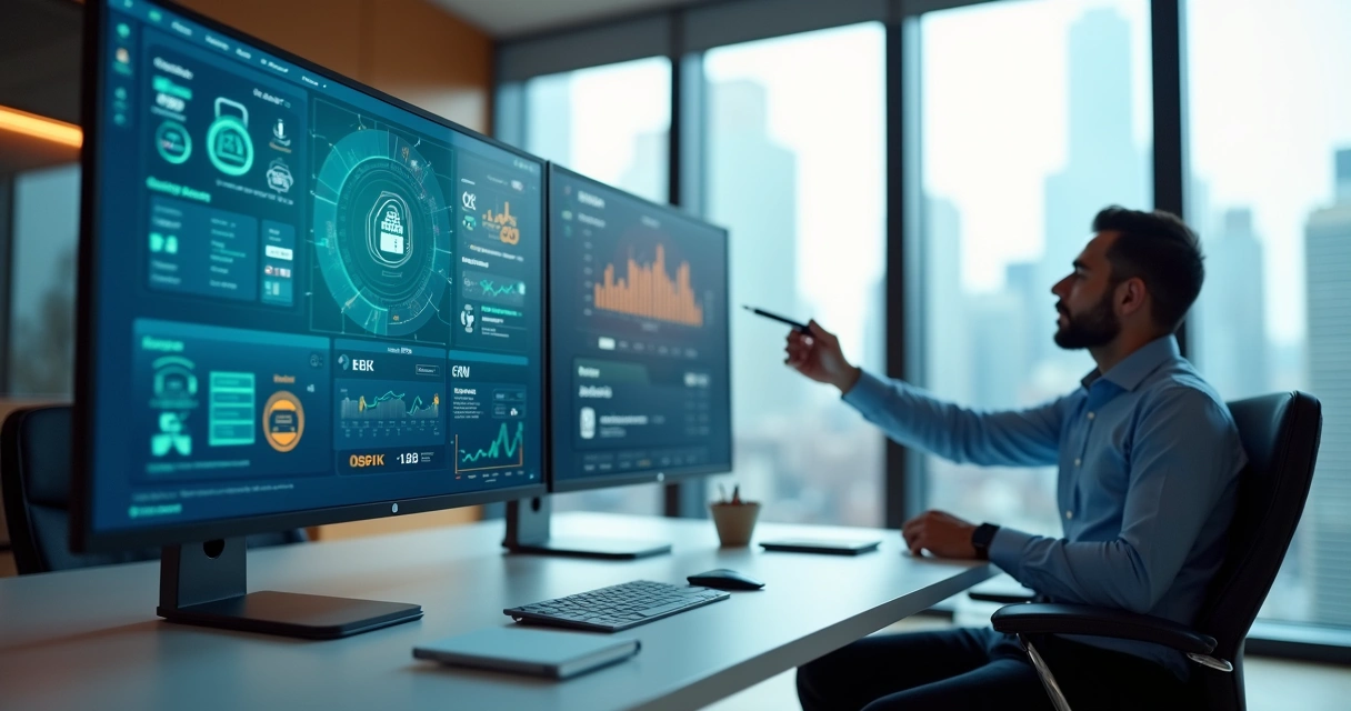 Contador analisando painel com integrações de sistemas no computador