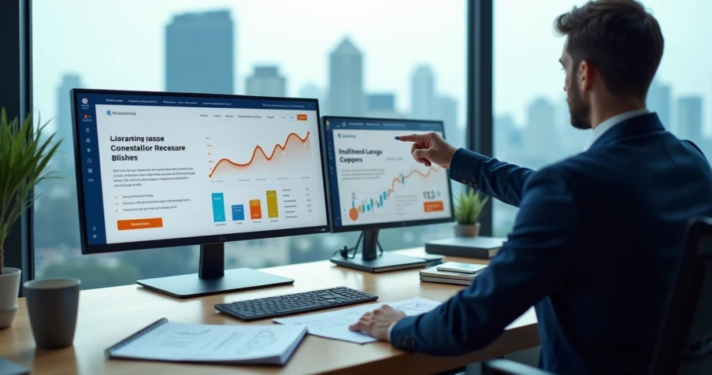 Contador analisando landing page contábil com gráficos de leads qualificados na tela