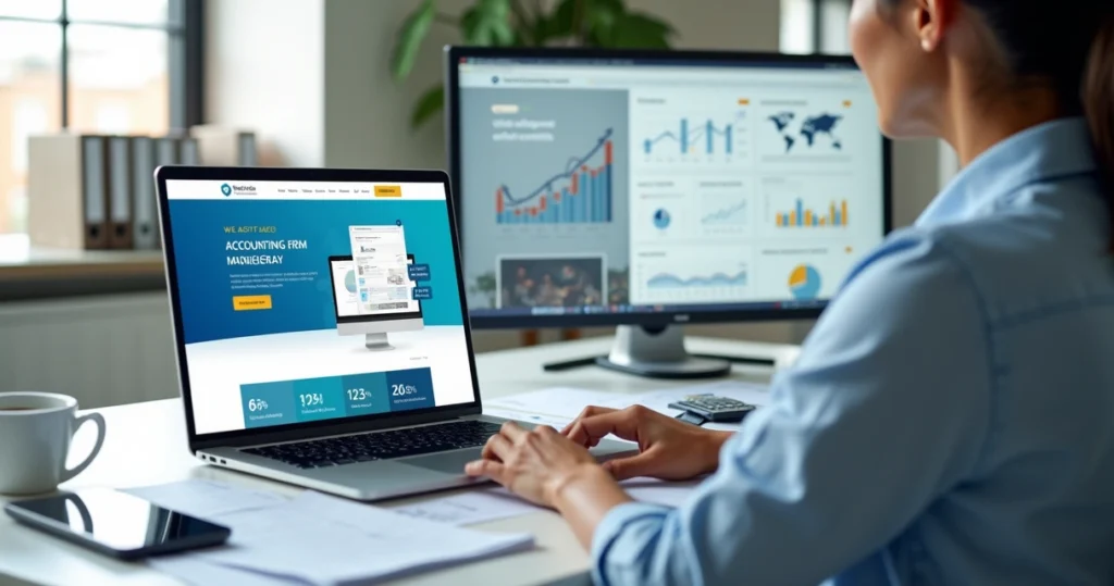 Contador criando site de contabilidade em notebook com gráficos e layout moderno na tela