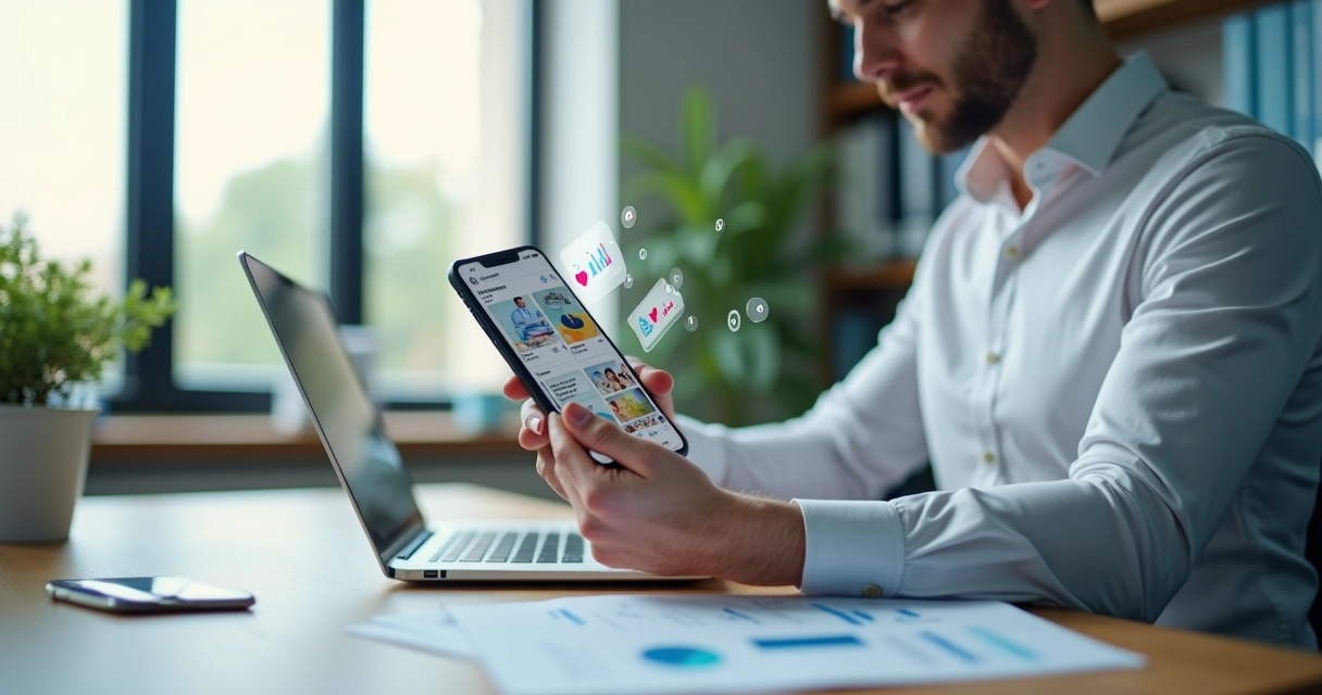 Contador usando stories no celular para engajar clientes de contabilidade
