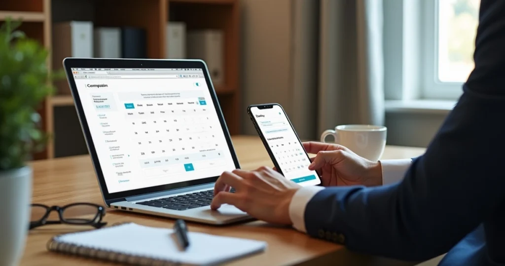 Contador usando site contábil com agenda online integrada na tela do notebook