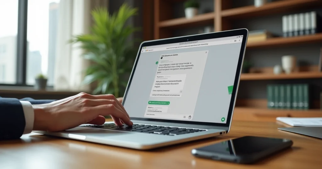 Contador usando chat instantâneo em site contábil no notebook