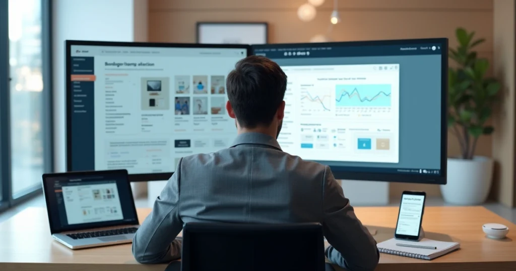 Contador analisa site antigo ao lado de versão moderna em tela grande