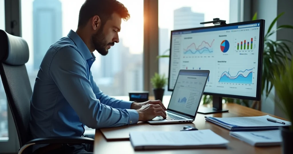 Contador em escritório moderno analisando estratégias de marketing digital no notebook