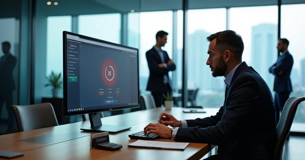 Contador olhando preocupado para tela de computador com site lento e clientes esperando