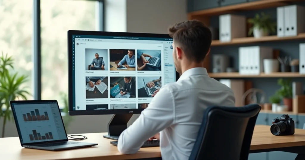 Contador escolhendo imagens profissionais em site de contabilidade no computador