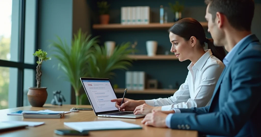 Contador mostra página de perguntas frequentes em site contábil para cliente em escritório moderno