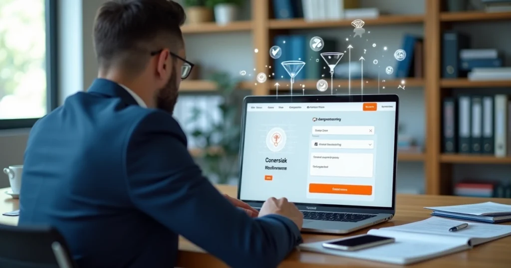 Contador usando notebook com formulário de cadastro em site contábil